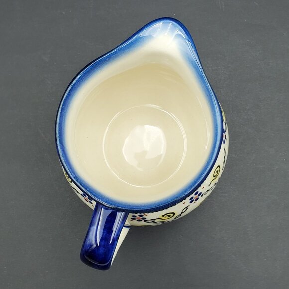 Polish Pottery Bubble Creamer Boleslawiec Blue Yellow Swirl Small Pitcher - Picture 6 of 8